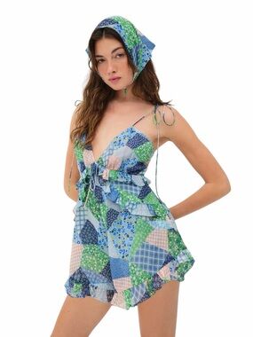 For Love & Lemons Blue Patchwork Juniper Romper Womans S
